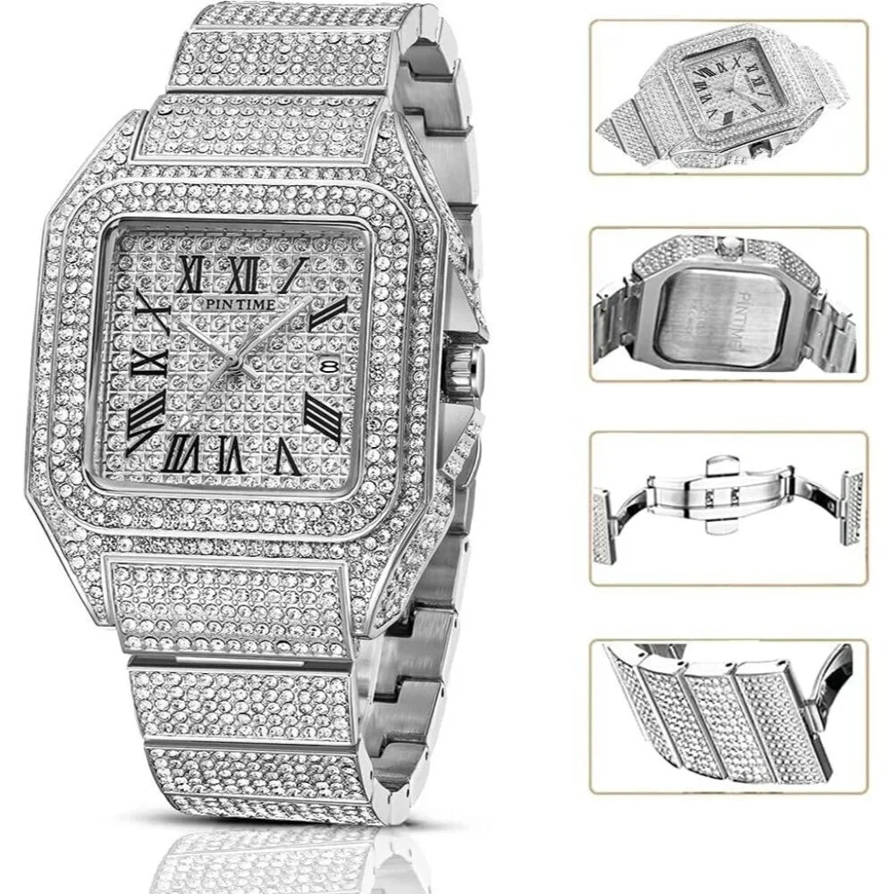 Men's Silver Crystal Bling Rectangle Case Stainless Steel Quartz Analog Watch